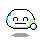 Pixelated white circular character with blue and green accents, displaying four distinct facial expressions