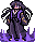 Pixel art character with long dark purple hair, wearing a dark robe with yellow accents and white collar, standing on purple flames against gray background.