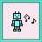 A 3x3 contact sheet of eight animated frames showing a light blue robot with black antennae and simple facial features, accompanied by brown musical notes that change position across frames on a pale pink background.