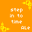 Pixelated orange background with repeated white text "step in to time" and "ALE" surrounded by yellow square-based decorative elements.