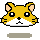 Pixel art hamster head with yellow fur, white muzzle, black eyes and nose, pink inner ears, and three black stripes on each cheek against a gray background.