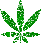 Three green pixelated cannabis leaf icons arranged in a triangular composition on a gray background.