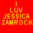 Four identical pixelated text in red, pink, purple, and magenta backgrounds with yellow text reading 'I LUV JESSICA ZAMROCK' in a stacked layout
