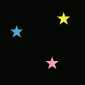 Six stars in blue, yellow, and pink colors scattered across a black background with no visible motion.