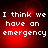 Red background with white pixelated text reading "I think we have an emergency" in four , each showing slight variations in text alignment and background glow