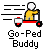 Pixelated character on red and black scooter with white storage box, riding past horizontal lines on gray background.
