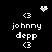 Pixelated white text and symbols on black background with animated heart and starburst effects above 'johnny depp' text.