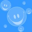 Static blue background with multiple translucent bubble-shaped smiley faces of varying sizes, each containing simple white eyes and a curved mouth.