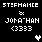 Pixelated text displays 'STEPHANIE & JONATHAN (3333)' with two heart symbols, one white and one gray, on a black background.