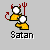 Pixelated cartoon devil with red horns, pitchfork, and yellow body holding white orbs on gray background.