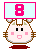 Pixelated cartoon cat head with pink cheeks and mouth, holding a light blue sign with pink number 8; left version has brown base, right version has red base.