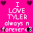 Pixelated pink background with white text reading "I LOVE TYLER always n forever<3" and dark purple/black heart symbols arranged in a pattern