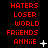 Red pixelated text on black background with animated white star and dot effects, displaying repeated phrases in three