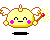 Pixelated yellow character with brown outline, pink cheeks, white wings, and brown staff emitting yellow sparkles, shown in six sequential poses with changing expressions and staff positions.