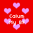 Red background with pink heart shapes and repeated white text "Calum My BF" in pixelated font.