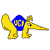 Pixelated yellow creature with blue head, long snout, and wing-like appendage, standing against white background.