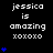 Pixelated text reads "jessica is amazing xoxoxo" with blue heart symbols varying in quantity across a black background.
