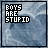 Pixelated text 'BOYS ARE STUPID' in white and blue on a textured gray background with animated red star-like shapes appearing at various positions.