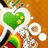 Green heart-shaped icon with yellow spots, surrounded by white sparkles and rainbow stripes on brown background.
