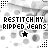 A 5x5 contact sheet of animated frames showing a pixel art icon with text "PESTITCH MY RIPPED JEANS" and star symbols changing colors across frames, set against a gray transparent background.