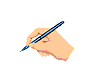 A hand holding a blue pen draws black circular shapes on a gray background across six
