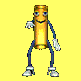 Animated golden cylindrical character with blue limbs and white gloves performing multiple distinct poses against a solid yellow background.