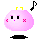 Pixelated pink blob with yellow crown, black eyes, and pink blush marks in four animated poses showing mouth and musical note changes.