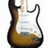 Pixelated image of a solid-body electric guitar with brown and white color scheme, black outline, visible neck and headstock.