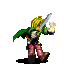 Pixelated character with blonde hair, green cape, and pink pants holding a silver sword in raised position.