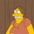 Pixelated yellow cartoon character with wide eyes and a broad grin, wearing an orange shirt against brown vertical panels.