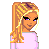 Pixel art of a female character with blonde hair in a high ponytail, wearing a pink long-sleeve top and black pants, alongside text elements and a red lip graphic.