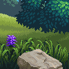 Pixel art scene showing grassy hills, trees, a thatched hut, and two characters fighting with swords on a wooden platform.
