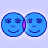 Two blue pixelated smiley faces connected by a pink hinge on a light purple background.