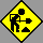 Yellow diamond-shaped warning sign with black silhouette of person shoveling, transitioning through stages of red splatter effects on the figure and ground.