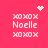 Pixelated pink background with repeated 'xoxox' and 'Noelle' text, featuring a static heart and animated sparkles.