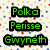 Green pixelated text reading Polka Perisse Gwyneth on black rectangular backgrounds against a multicolored pixel grid.
