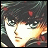 Pixelated anime-style character with dark hair and green eyes, side profile facing left, against a dark background with red accents.
