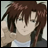 A 48x48 pixel buddy icon featuring a split composition with an anime-style character on the left and stylized text on the right against a black background.