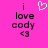 A pink background displays two identical text blocks with 'i love cody <3' and a white pixelated heart above the left block.