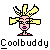 Pixel art buddy icon of a cartoon character with exaggerated yellow hair, pink skin, and purple lips holding two large yellow objects near their head against a gray background.
