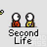Animated contact sheet of a pixel art buddy icon featuring two stick figures with white heads and orange bodies, displaying text changes like "Second Life," "ELA BLAM," and "PHONE.." across sampled frames.