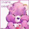 Animated pink Care Bear with heart symbol on chest, hands clasped near face, and 'share bear' text in top-left corner