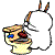 Pixelated cartoon character with bunny ears and a toilet bowl head, showing two sequential poses with different facial expressions and color variations.