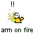 Pixelated character with yellow body and white face has arm on fire, shown in multiple animation frames with flame variations and text below.