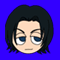 Pixelated character head with black hair against blue background, showing two expressions: left side has closed eyes and neutral mouth; right side winks with open eye and wide smile.