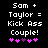 Black background with white pixelated text reading "Sam + Taylor = Kick Ass Couple!" and five pink/purple heart symbols below.