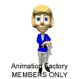 12 identical cartoon-style character icons with blonde hair, blue eyes, and blue jacket over gray pants, each labeled "Animation Factory MEMBERS ONLY" below