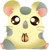 A yellow hamster with pink ears and green patches on its head, displaying multiple facial expressions including open eyes, closed eyes, and a mouth holding an object.