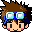 Pixel art character with brown spiky hair and blue goggles, shown in six expressions from neutral to smiling.