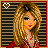 Animated contact sheet of a pixel-art character with blonde hair, red jacket, blue skirt, and brown boots performing various poses including walking, winking, and text display frames.